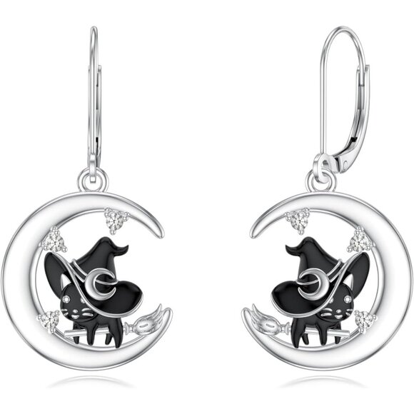 925 Sterling Silver crescent cat Patriotic earrings for Women - Picture 1 of 6